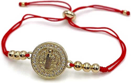 Miniatura 3 de St Benedict Medal Protection Bracelet for Women - Adjustable Red String with Mini Zircons Bead - Christian Jewelry