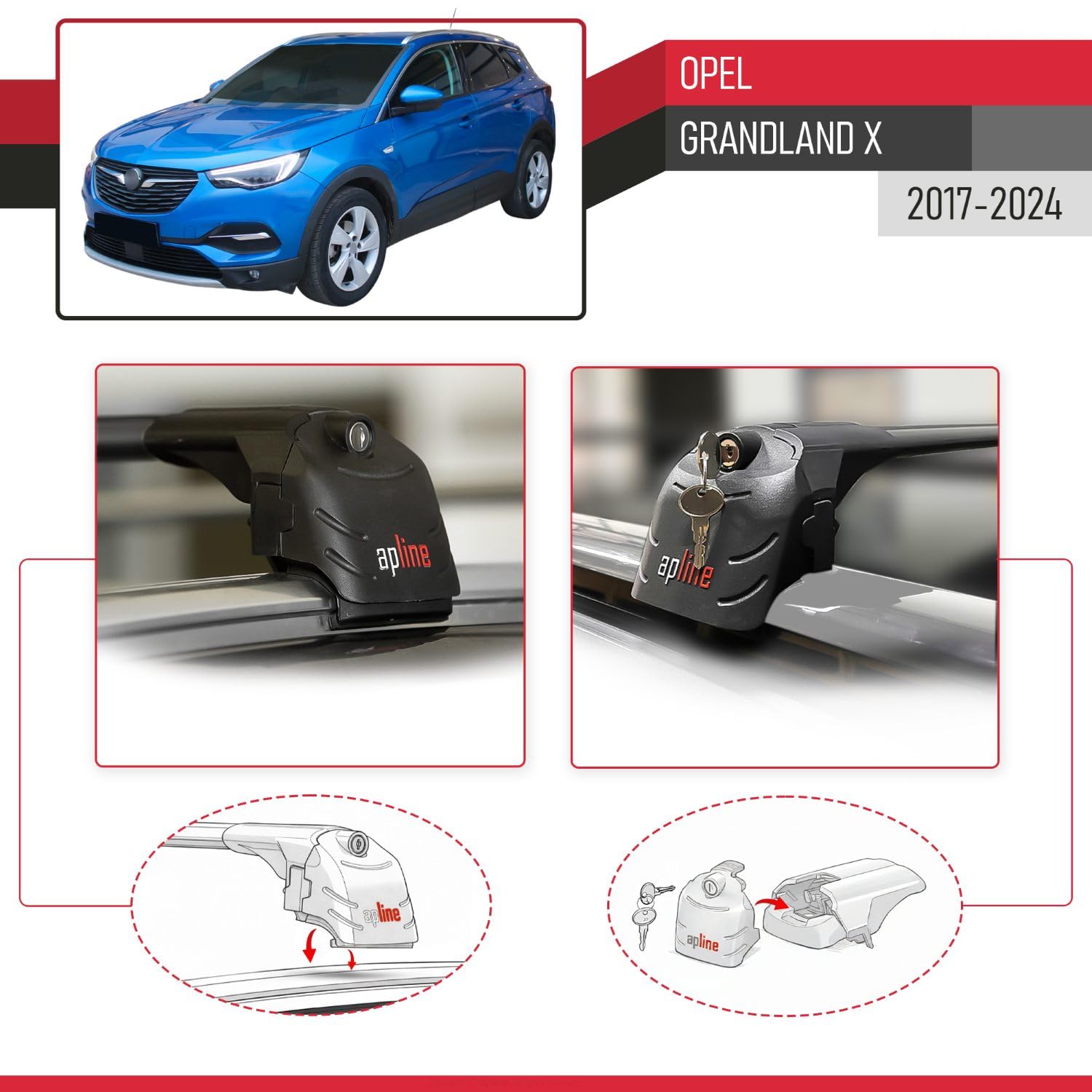 Compatible con Opel Grandland X 2017-2024 Modelo Ace-2 Barra de Techo Auto Portaequipajes Barras Transversales Negro Aluminio 2 Barras