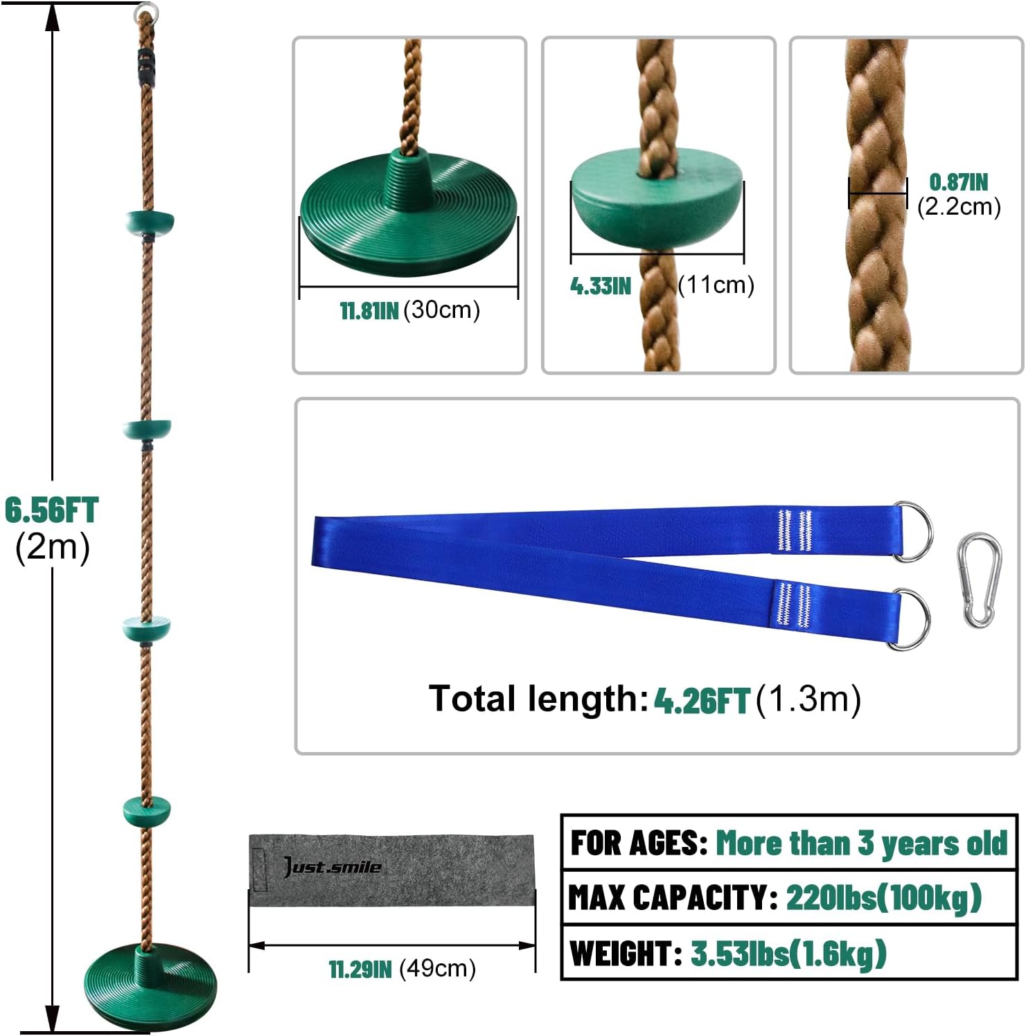 Tree Swing for Kids,Climbing Rope with Platforms,Disc Swing Seat Set Outdoor Playground Accessories for Kids-Include Carabiner, 4ft Tree Strap and Tree Protector