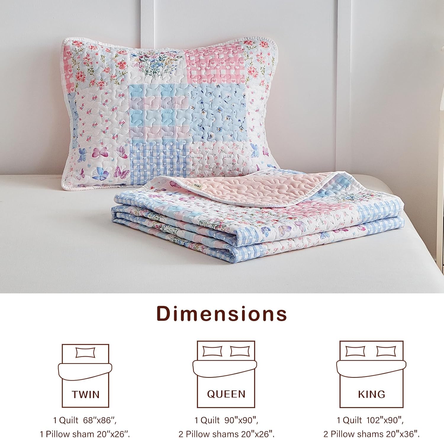 Joyreap Twin Size Quilt Set for Girls, Pink n Blue Floral Patchwork Design, 2 Pieces Soft n Cozy Microfiber Quilt, Bedspread Bed Cover for All Season- 68x88 inches - Image 5