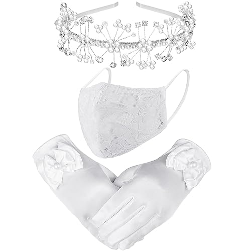 Vicpen 3 piezas de primera comunión magníficos guantes de satén de princesa tela de encaje para cubrir la cara cubierta de la cara encaje a prueba