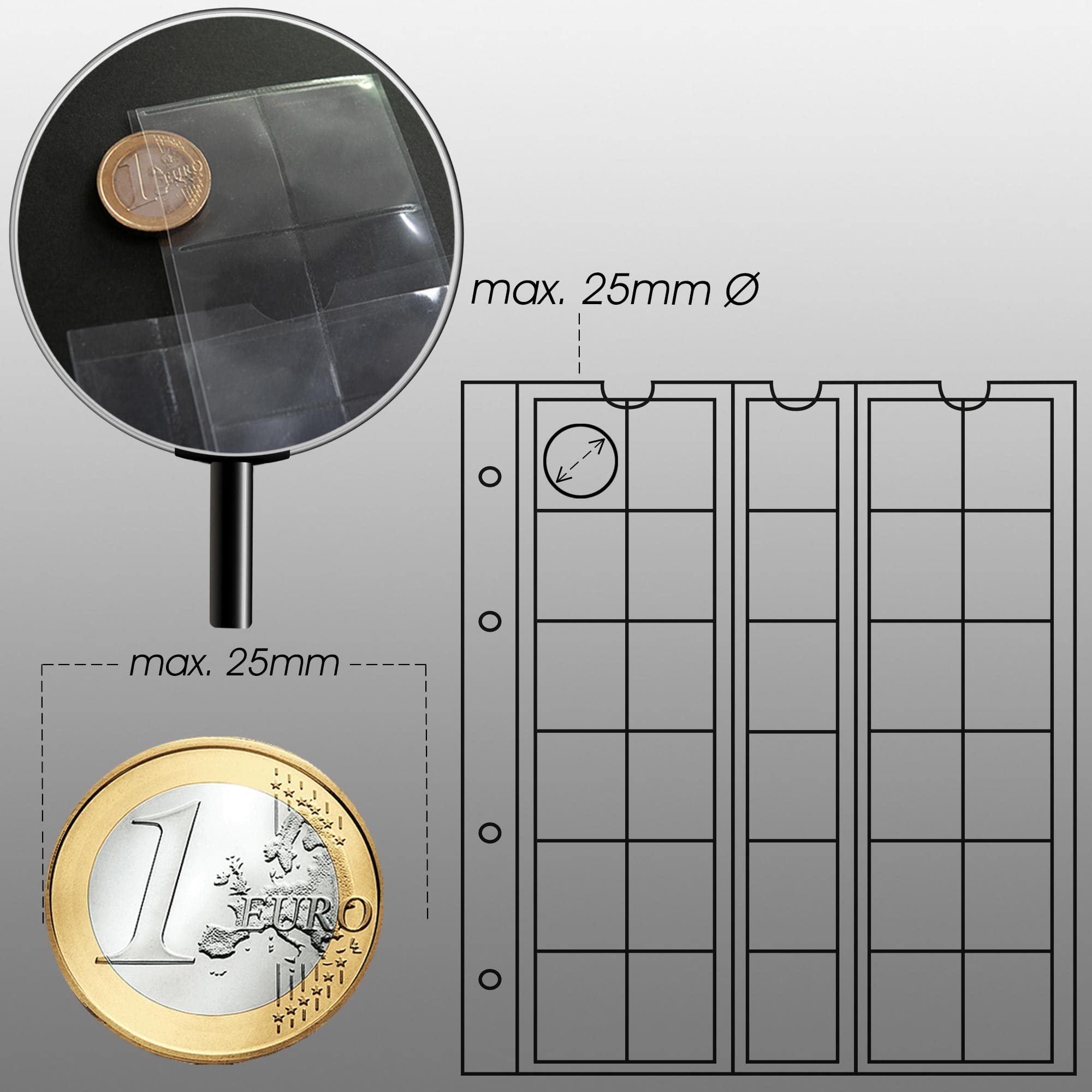 10 Numismatic Prophila Coin Sheets, 30 Pockets up to 25 mm Ø, e.g. 5 DM, 2 DM
