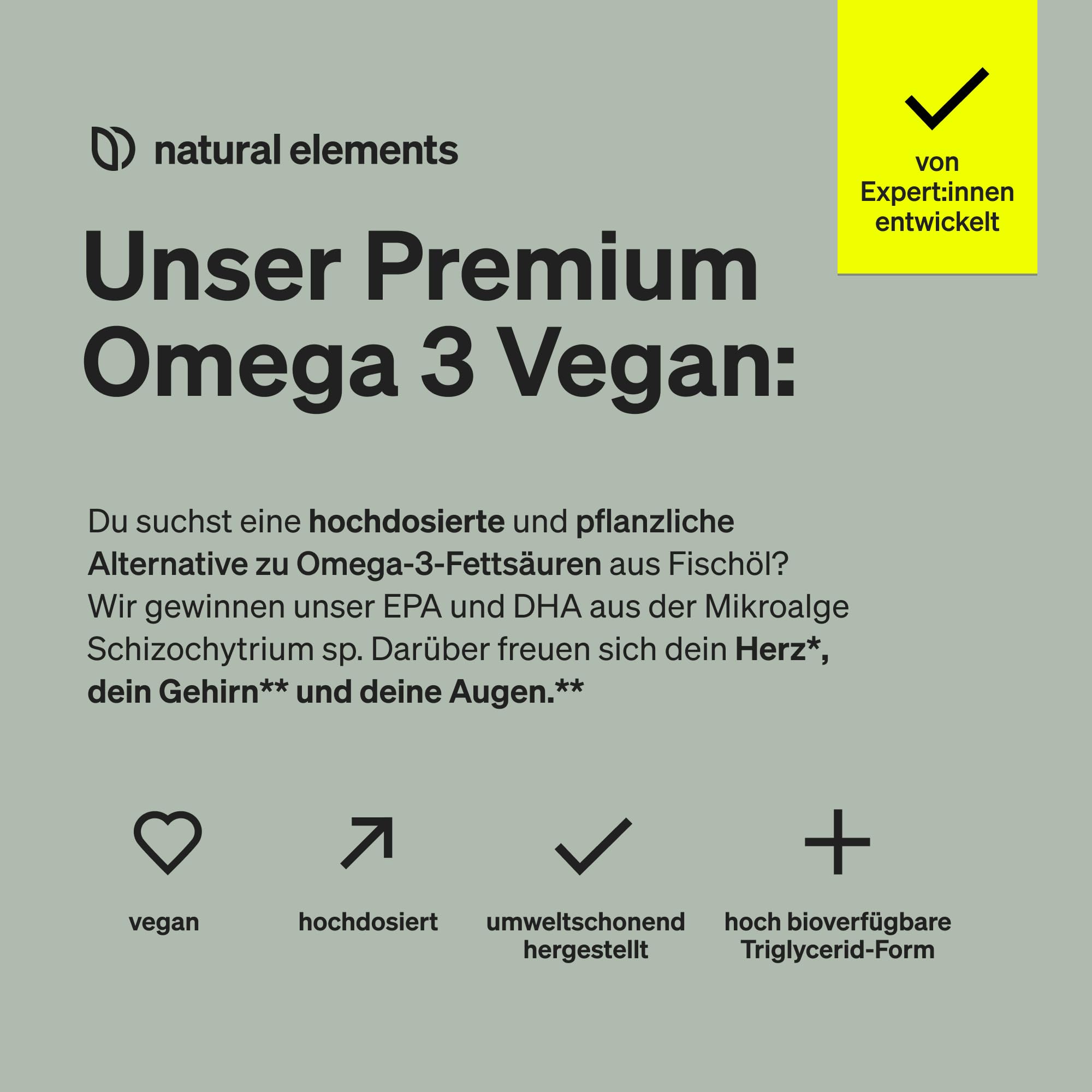 natural elements Premium Omega 3 Vegan – 60 Kapseln – 2000mg Algenöl, 800mg DHA und 400mg EPA pro Tagesdosis – Omega-3 für Veganer – hochdosiert, ohne unnötige Zusätze – laborgeprüfte Qualität