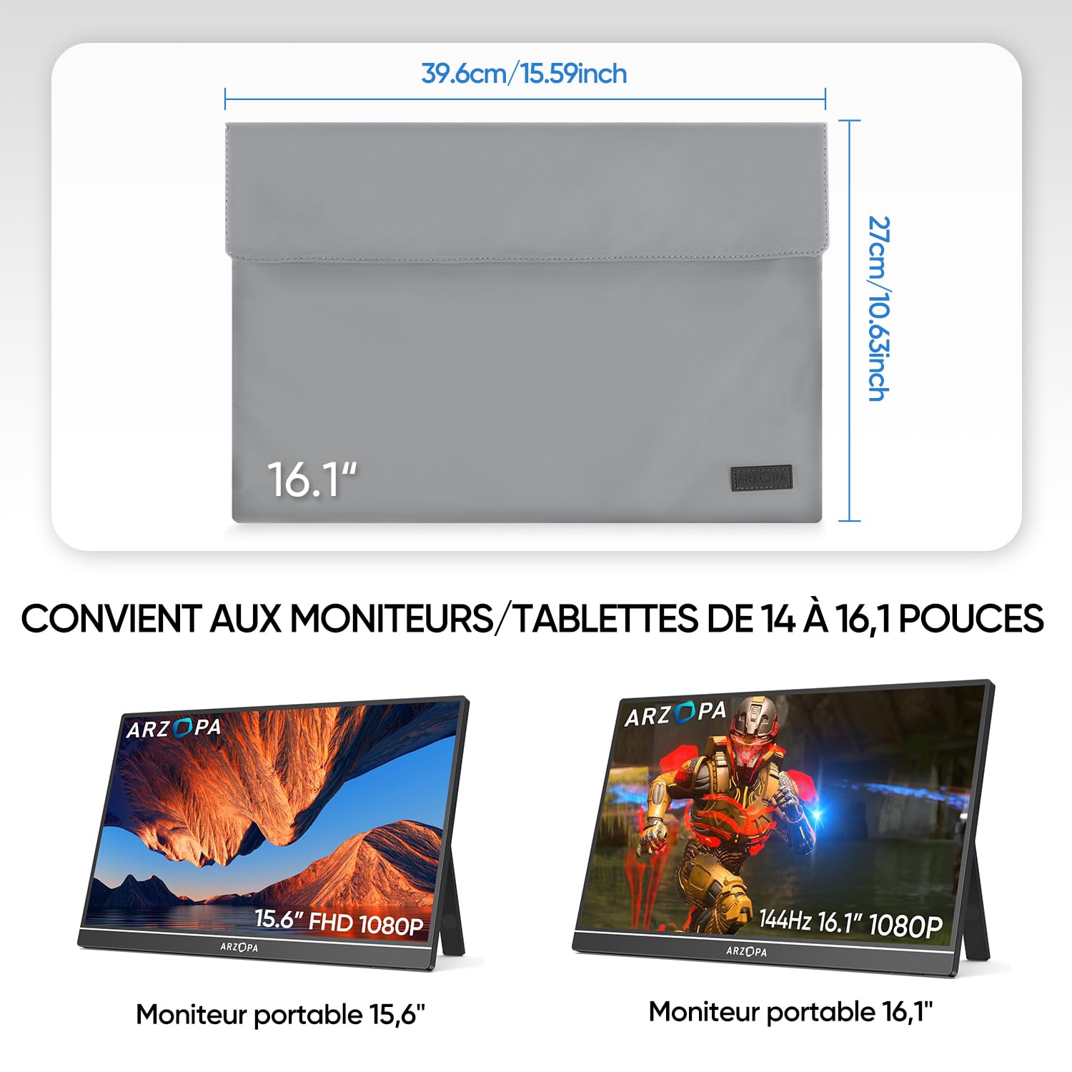 ARZOPA Sac d'ordinateur 16.1", Cuir PU, Matériau et Base imperméables, Doublure Douce, Fermeture par Bande Auto-agrippante, Rangement Enroulable, Facile à Transporter (Gris)