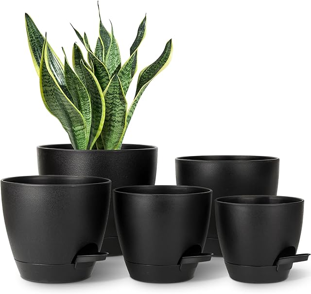 T4U Plastic Plant Pots Indoor, Self Watering Plant Pots Pack of 5, Black Flower Planter with Drainage, Small Large Round Pots for Snake Plant, Orchid, Lily, Aloe, African Violet and House Plant