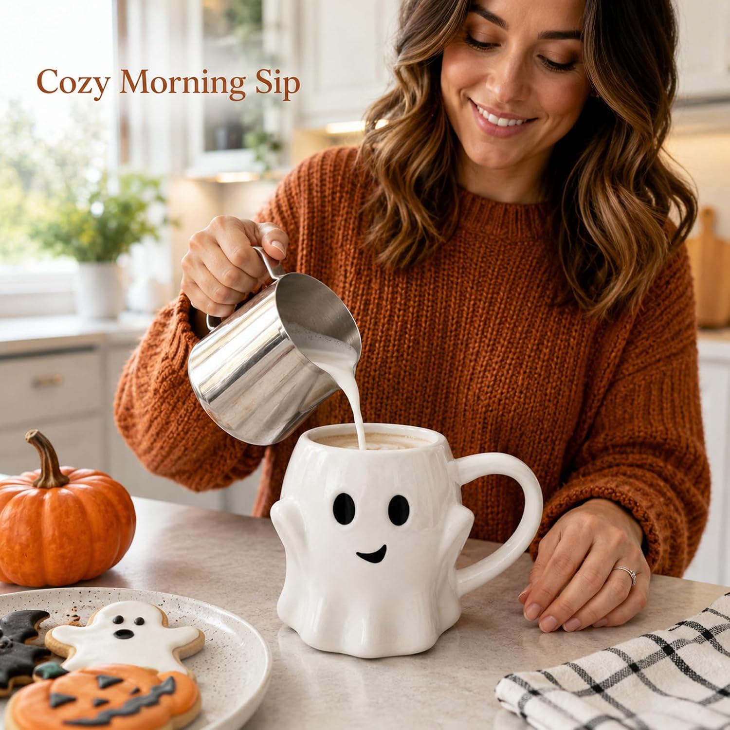 14 oz Halloween Ghost Mug – White Ceramic Cute Ghost Coffee Cup with Spooky Smiling Face, Fun Holiday Drinkware for Hot Cocoa, Tea, Seasonal Table Decor Gift