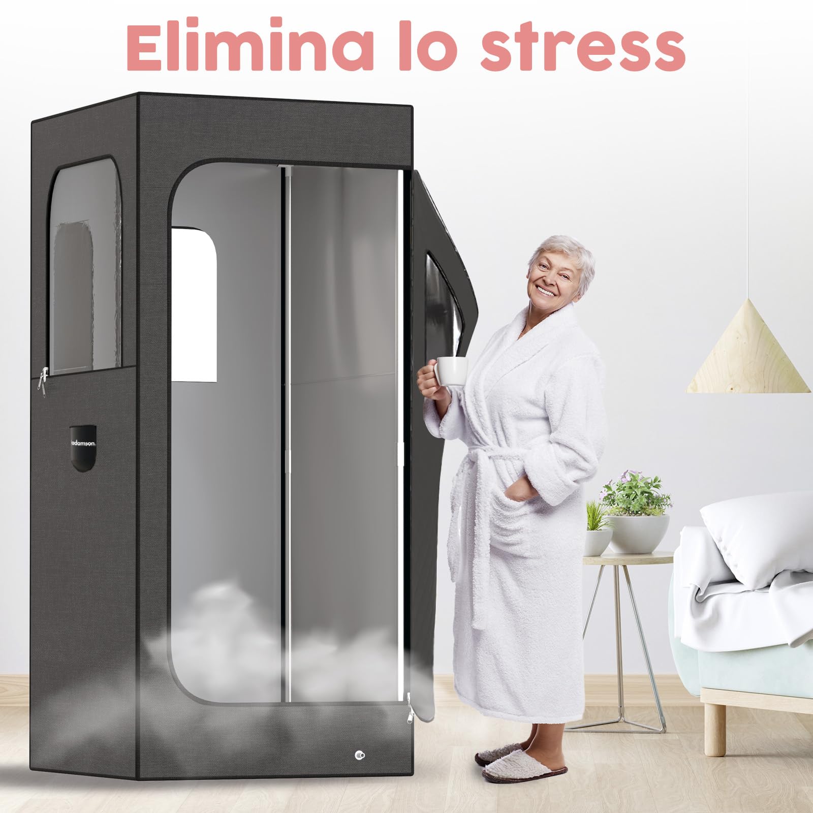 Adamson Sauna Indoor - Sauna a Vapore per casa - Tenda Sauna per Il Relax nella Spa di casa - unità Vapore da 2,6L 1000W - Sedia - Telecomando - Massaggiatore per i Piedi - Nylon Nero
