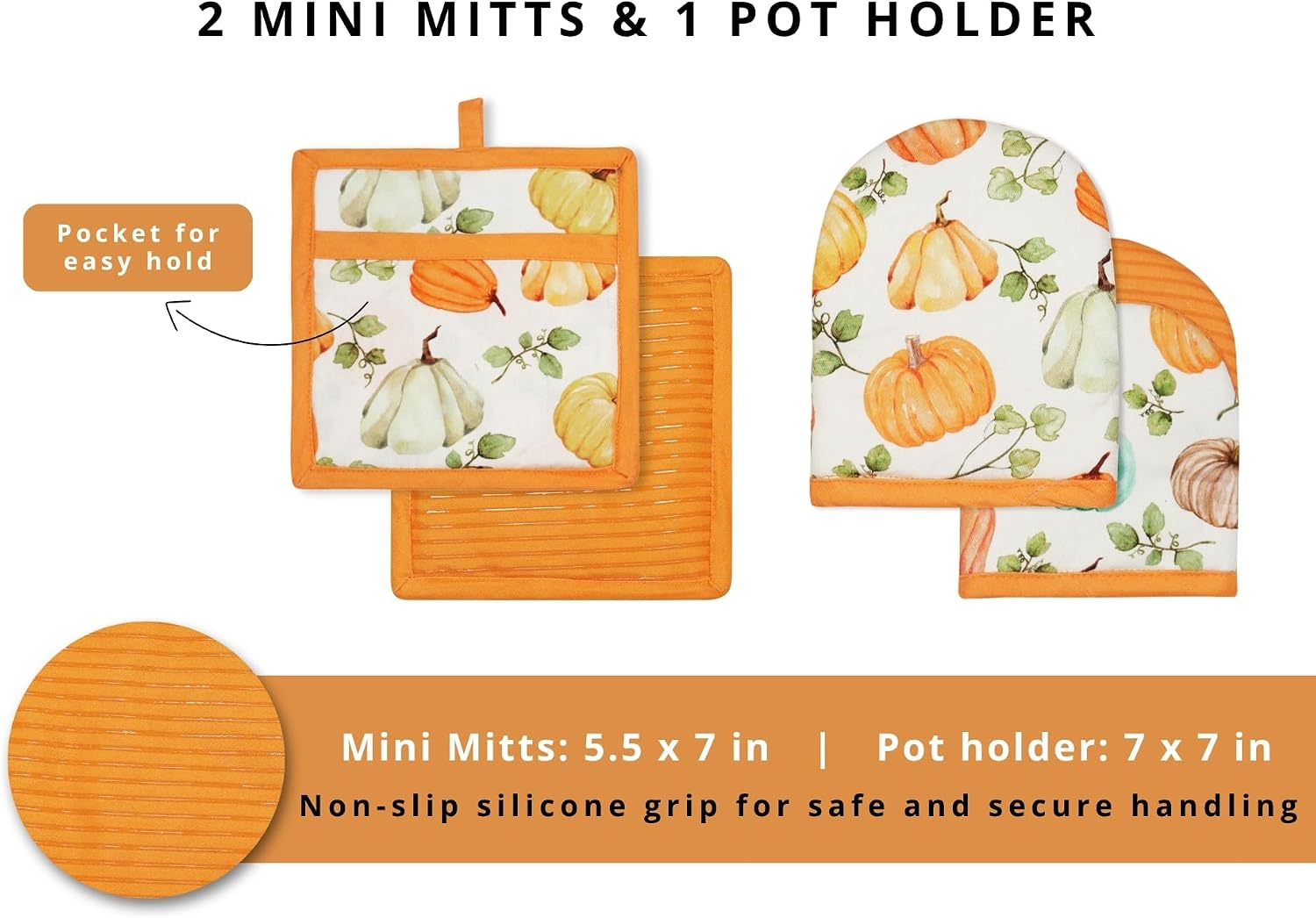 PurpleEssences 3pc Kitchen Set, Oven Mitts & Pot Holders, Pumpkin Patch