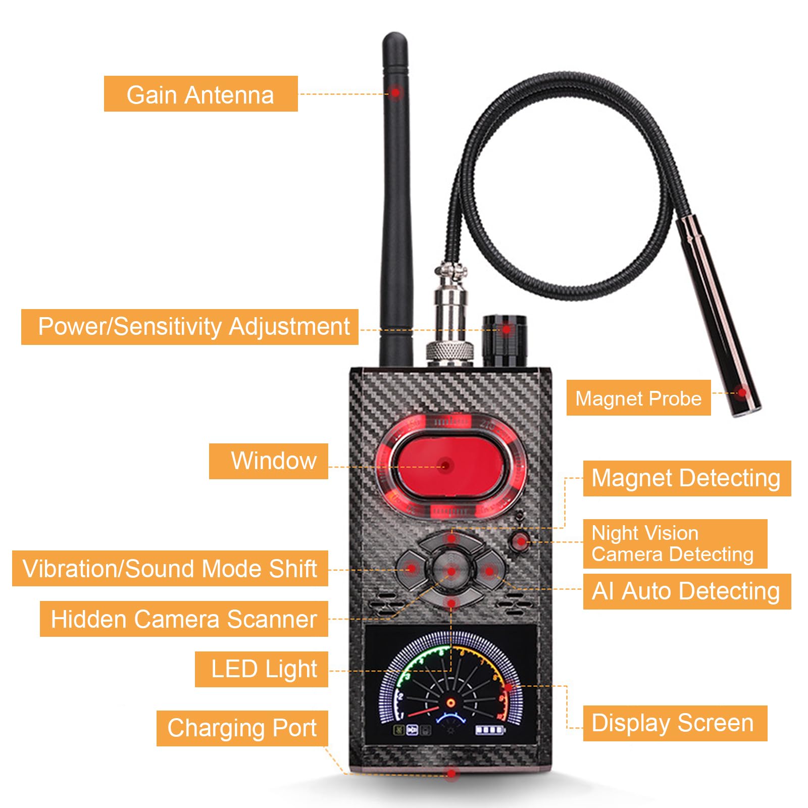 Wanzen Detektor RF Wireless,Wanzendetektor GPS Spy Finder,Versteckte Kamera Detector für GSM Tracker Abhörgeräte Funkkameras Wanzenfinder Infrarot Detector Starke magnetische Detektor