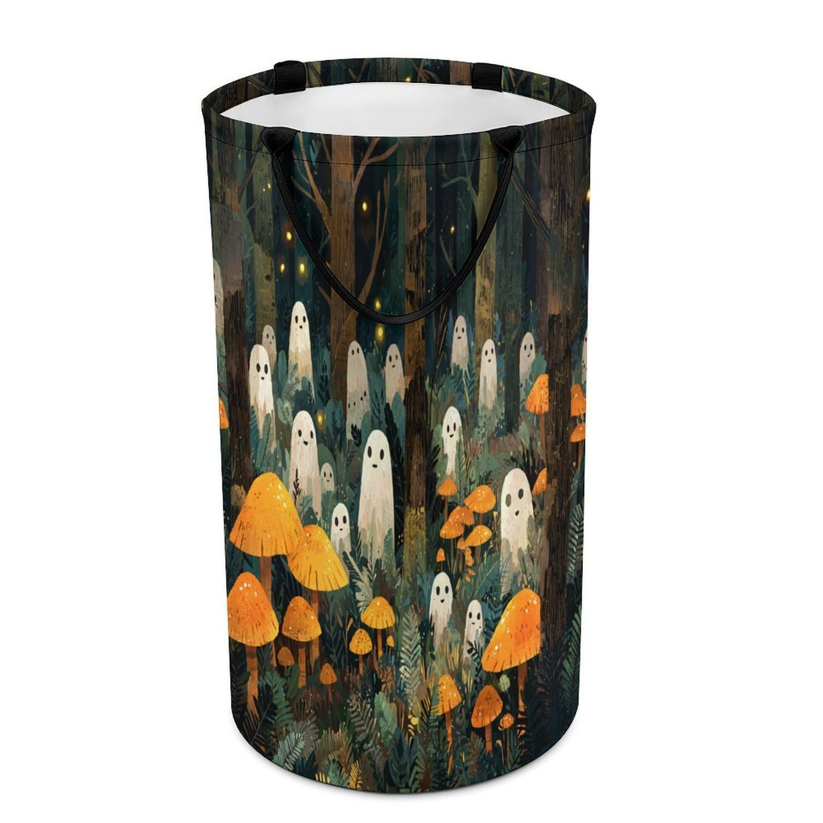 LUYYSKY Beautiful Fantasy Cute Ghost Versatile Storage Laundry Basket, Rustic Watercolor Mushroom Forest Ghost Pattern Large Capacity Bathroom Hamper With Handle