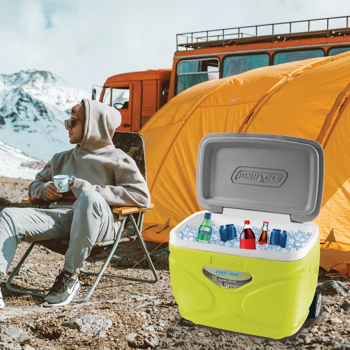 Pinnacle Cooler with Wheels – Practical Set of 66L Cooler with Wheels and Handle – Includes 30L 11L and 4.5L Camping Coolers and 2 Ice Bricks – Cup Holder and Sitting Lid – Extended Cooling Time