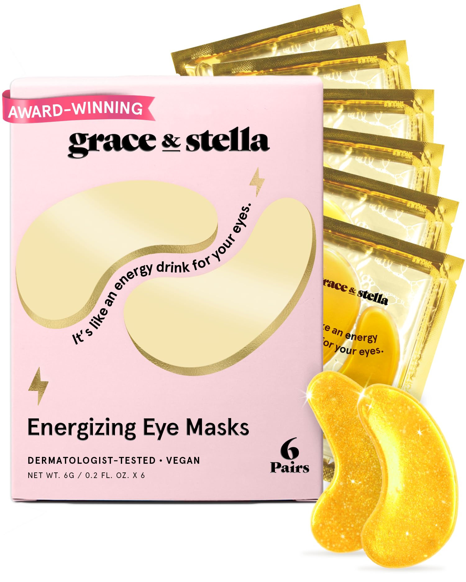 grace & stella Award Winning Under Eye Mask - Travel Size Toiletries - Bridal Shower Gifts - Gel Eye Patches for Dark Circles, Puffy Eyes, Wrinkles, Undereye Bags - Vegan - Self Care (6 Pairs, Gold)