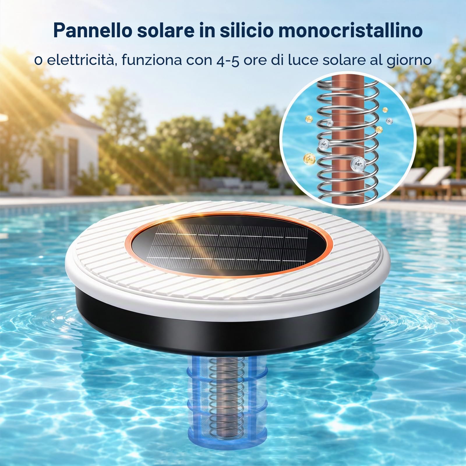 Ionizzatore Solare per Piscina, Ionizzatore in Rame per Piscine Fuori Terra e Interrate, Fino a 35,000 Gal, IP68 Impermeabile, Ionizzatore Galleggiante per Piscine