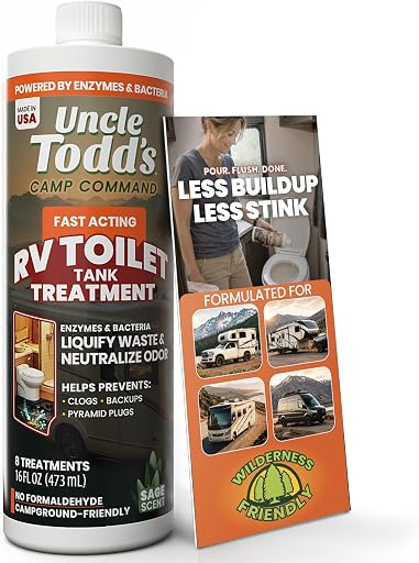 Uncle Todd's 16 oz RV Black Tank Treatment - Sage Scent Liquid, 8 RV Toilet Treatments, Camper Holding Tank Cleaner - Deodorizer for Black/Gray Tanks, Sensor Cleaner, Made in USA - Digests Waste Fast