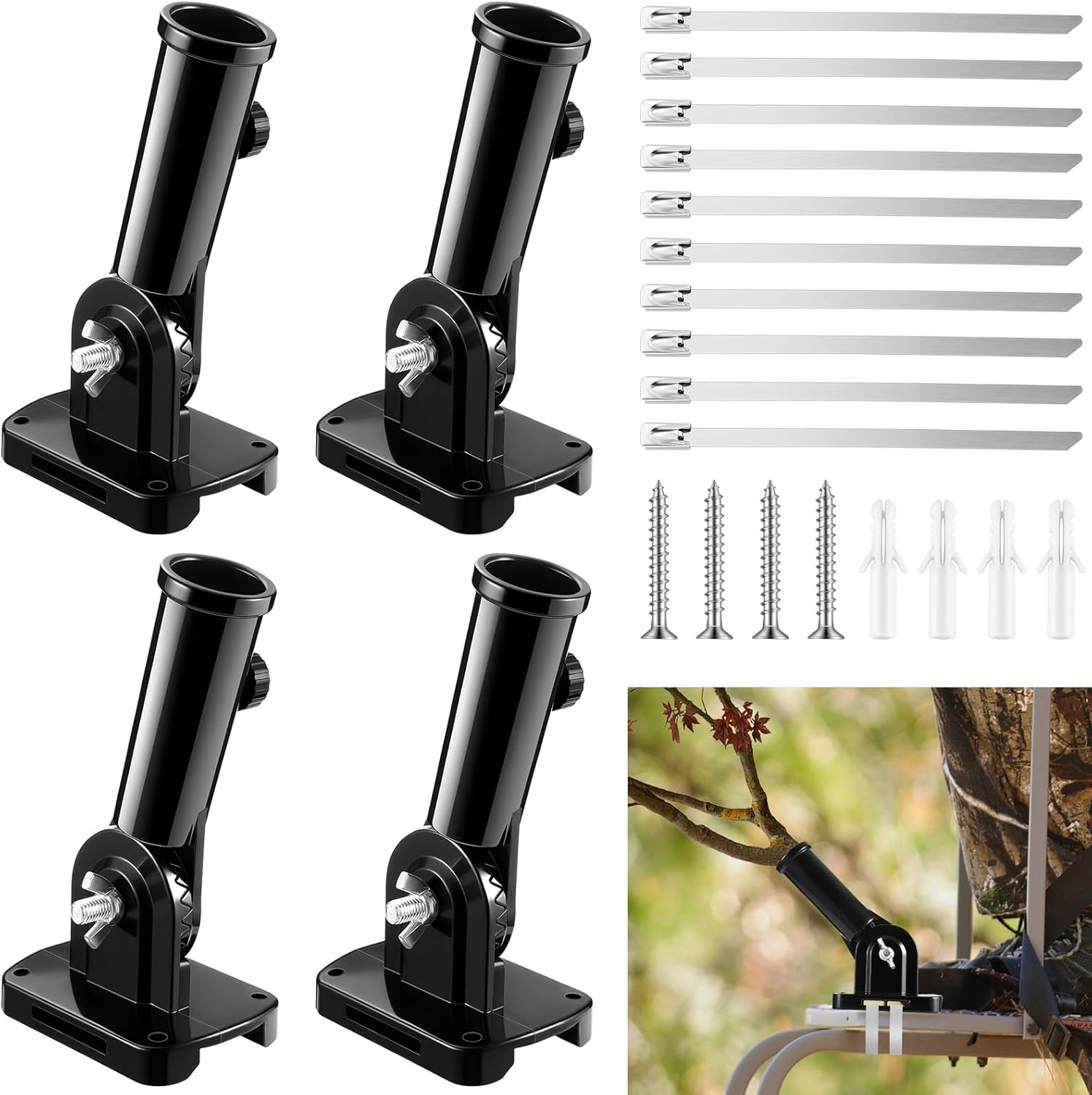 Hungdao 4 Pcs Metal Hunting Tree Stand Branch Holders Set, Adjustable Branch Brackets Deer Hunting Blind Accessories, Tree Stand Camouflage Support Holder with Fixing Straps for Treestand Platform