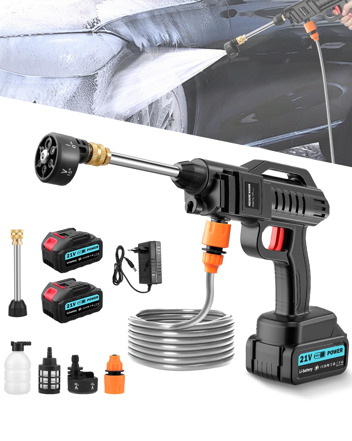 Worshow 21V Cordless Pressure Washer, 62Bar Portable Power Washer, Jet Washer with 6 in 1 Nozzle, 5M Hose, 2*3.0Ah Battery, Foam Pot, Electric Patio Wash Cleaner Tool for Car/Garden,Cleaning Watering