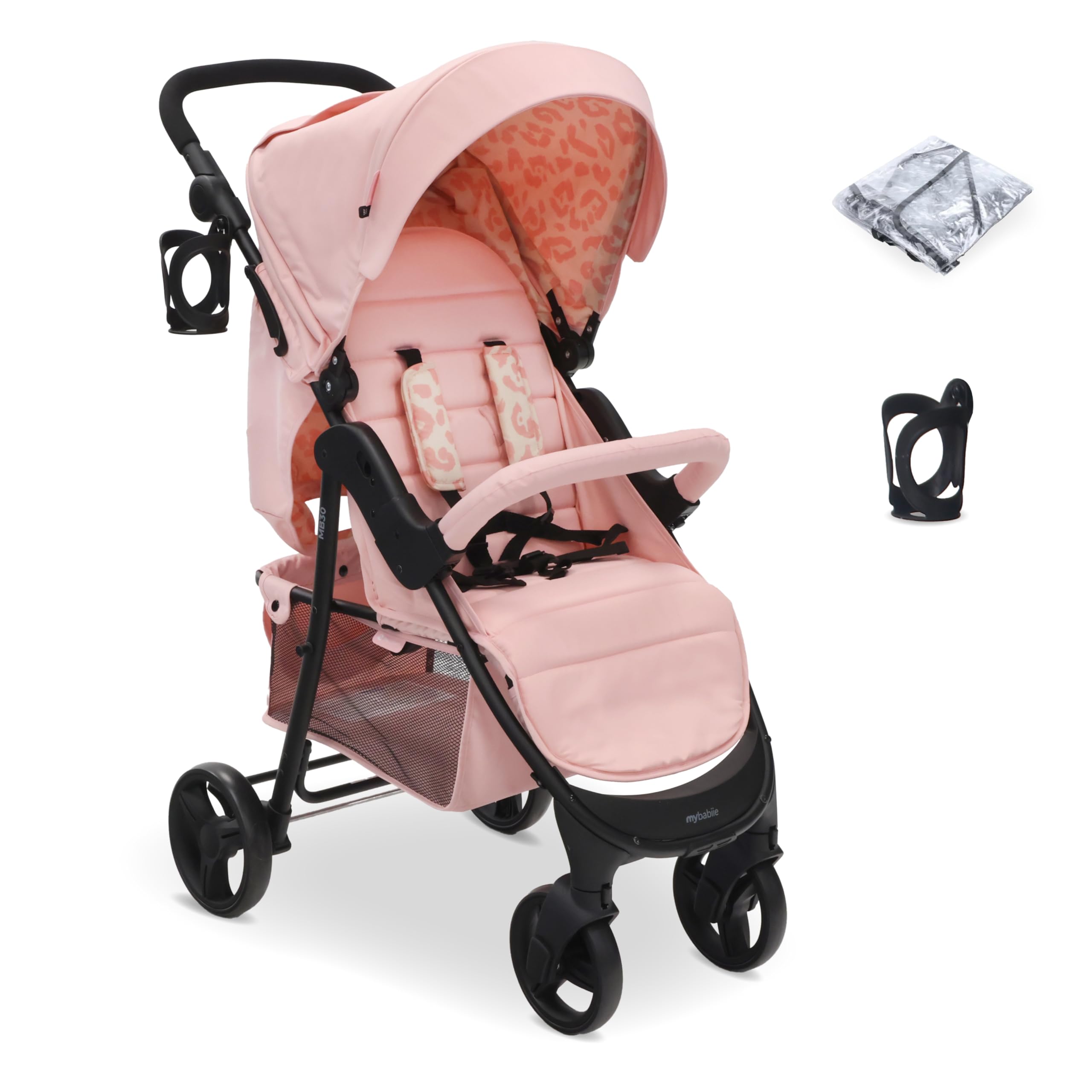 My Babiie MB30 Pushchair – from Birth to 4 Years (22kg), Easy Compact Fold, Large Shopping Basket, Adjustable Handle, Stroller Includes Cup Holder, Rain Cover – Pink Leopard