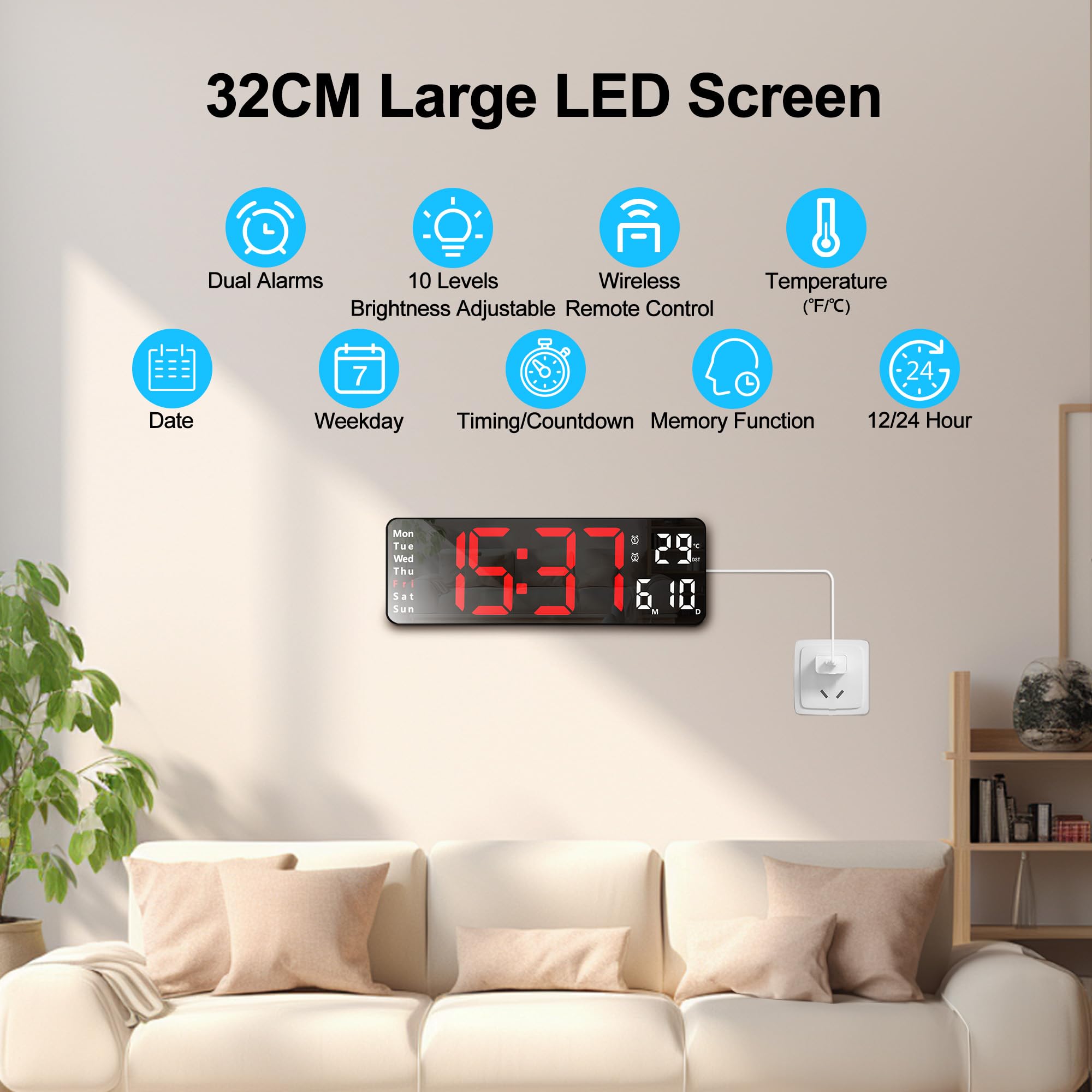 Lafocuse 13 Inch Silent Digital Wall Clock Red Large Display with Date Week Temperature, LED Clock with Remote Control for Living Room Decor Office Kitchen, Automatic Brightness Dimmer, Countdown