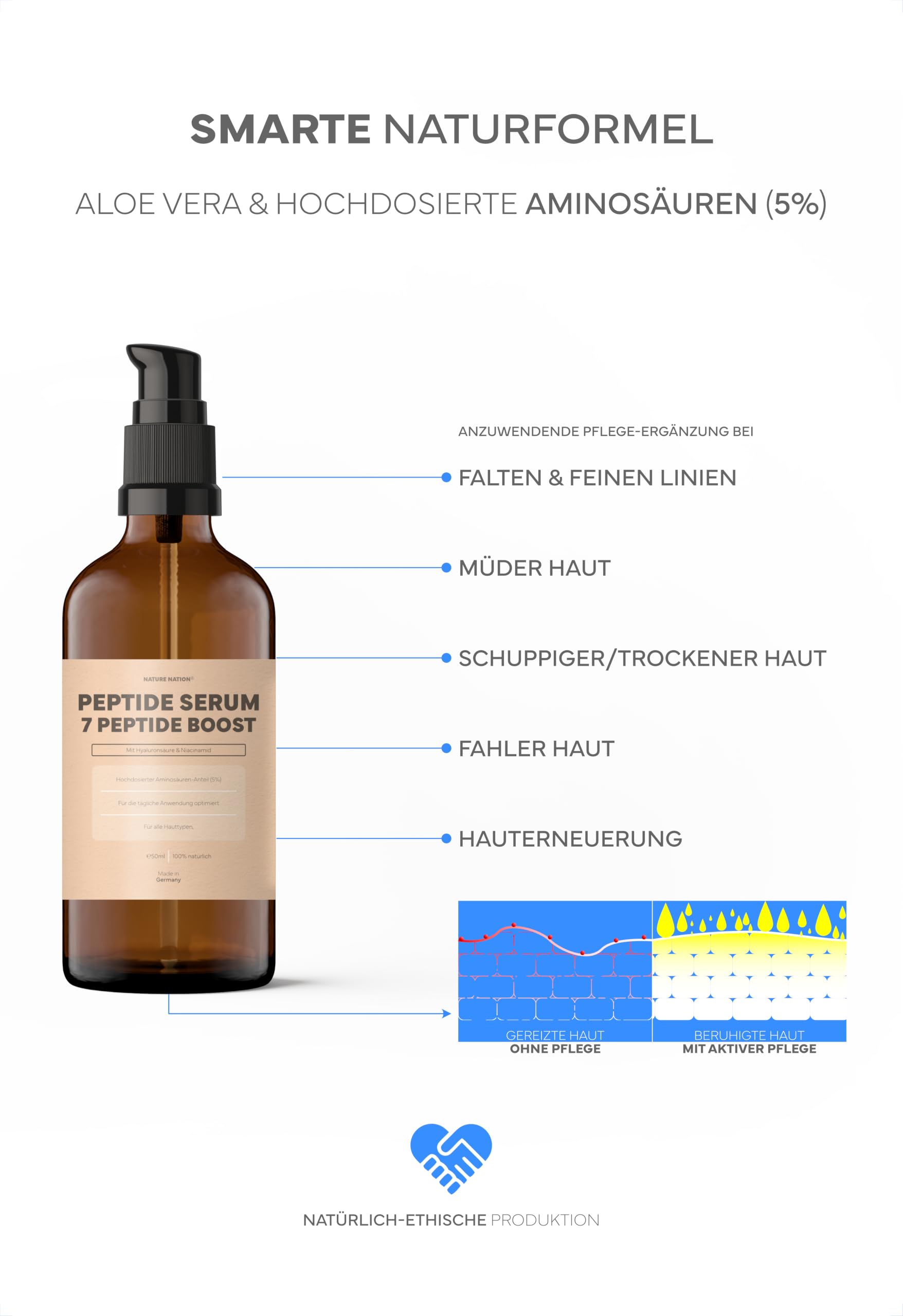 Peptide Serum Gesicht: Kollagen Serum + Hyaluron (Hyaluronic Acid), Niacinamid & 7 Peptiden (+Kollagen Typ 1 2 3; ohne GHK-Cu); Bei Falten & feinen Linien; Korean Skincare +5% hochdosierte Aminosäuren