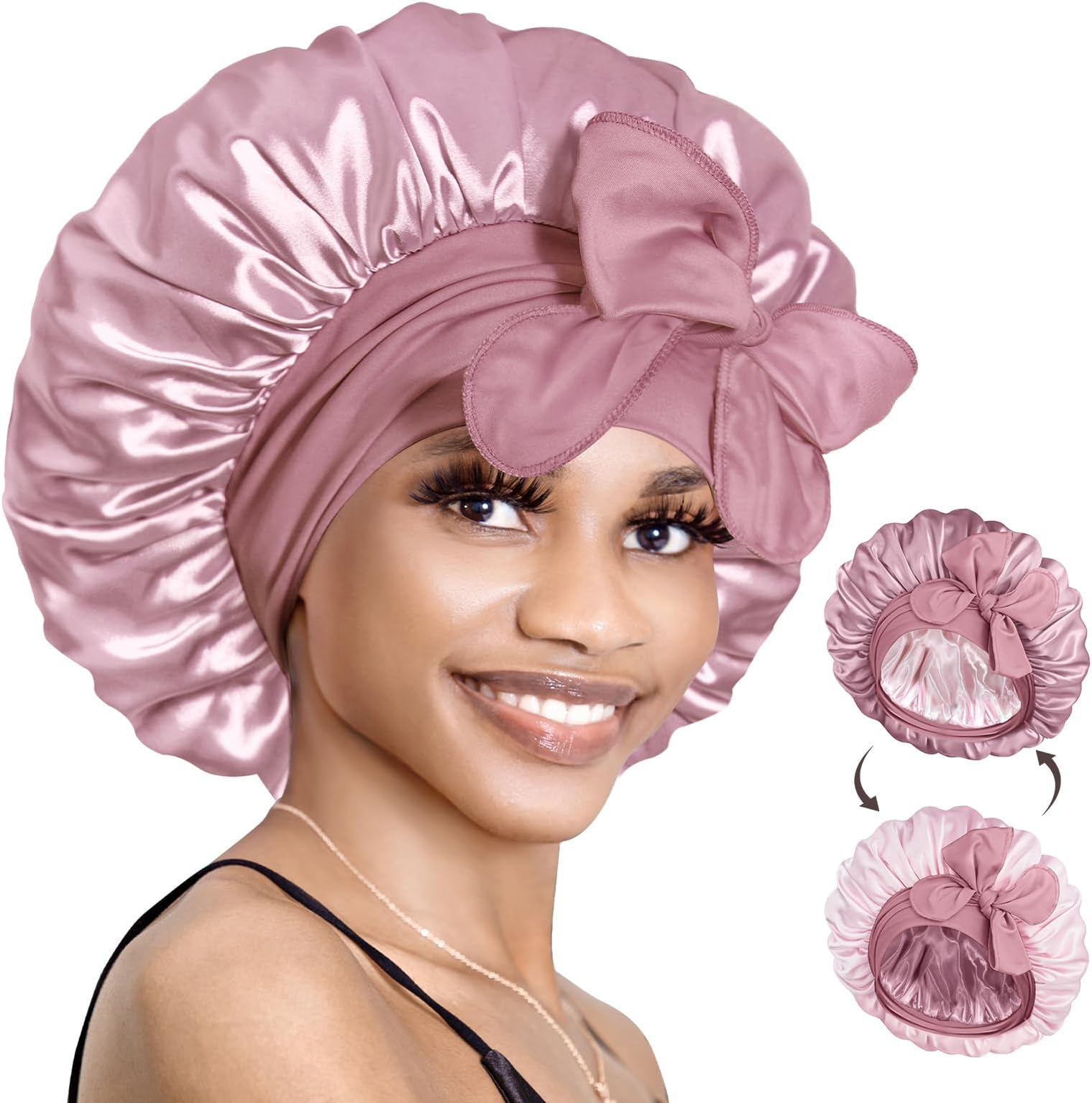 BONNET QUEEN Silk Hair Wrap Reversible Double Layer Satin Tie Sleep Night Cap for Curly Hair Tan Pink