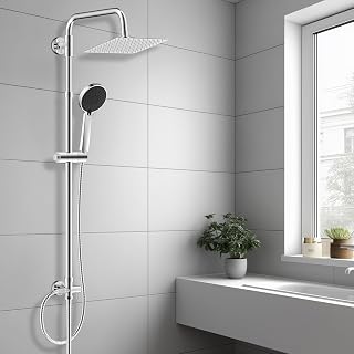 ‌Hibbent Set de Ducha de Lluvia en Metal con Mano 3 Modos, Altura Ajustable, Kit sin Grifería, Válvula de Desvío en Latón, Cromado