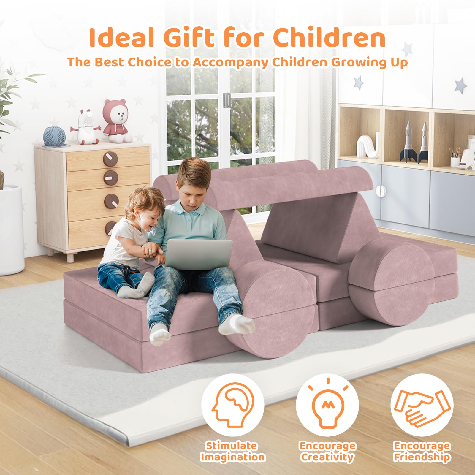 Gilire Modulares Kindersofa 18-teilig | Kreativ Bausteine Sofa | Höhle, Rutsche & Kuschelecke | 1000+ Bau-Möglichkeiten