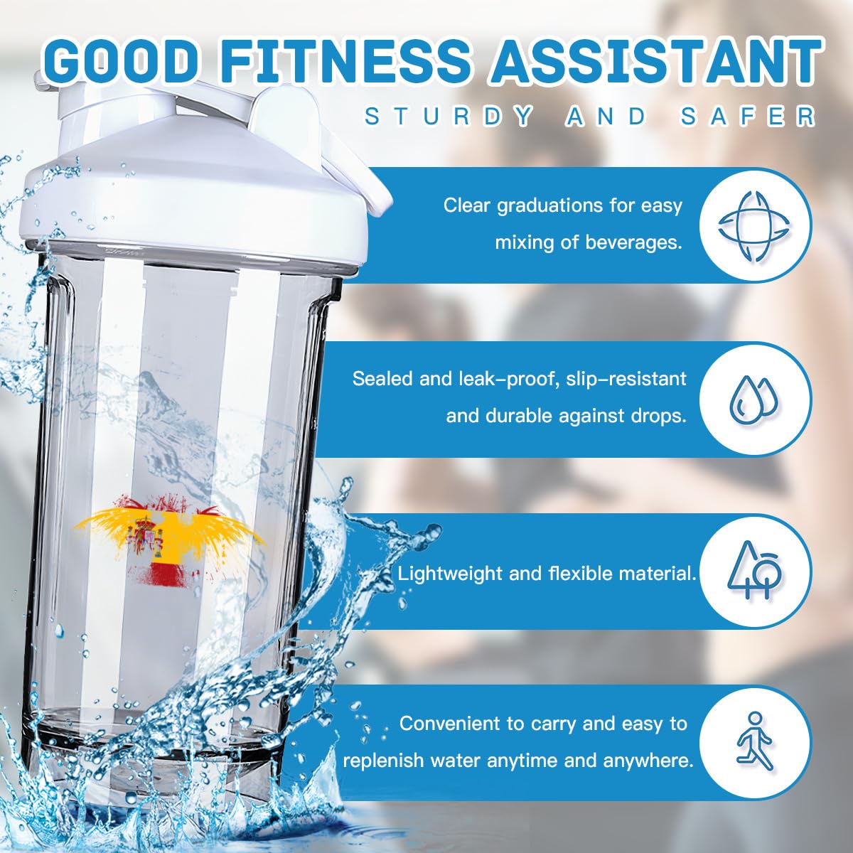 Spain Spanish Flag 18 Ounce Shaker Bottle Drink Mixer Leak-proof Pre Workout Protein Shakes Meal Replacement Shakes Bottles 500ML/18 Oz White