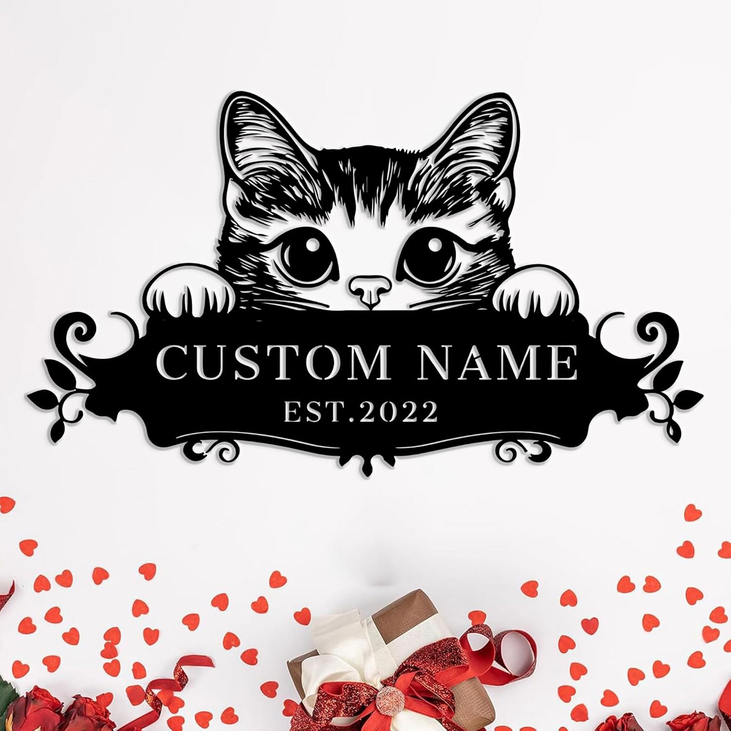 Personalized Cat Address Sign,Custom Metal Plaque with Name,Weatherproof Outdoor Door Number Sign for Cat Lovers,Garden Home Wall Decor