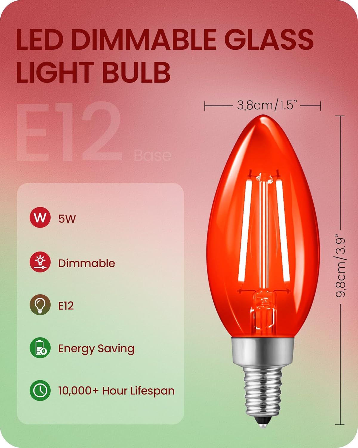 Red & Green Dimmable E12 LED Light Bulbs, C35 5W (60W Equivalent) Glass Candelabra Bulbs, Candle Bulbs for Christmas, Halloween, Party, Holiday Decoration, 6 Pack RJ2C3P605