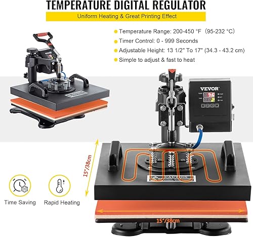 Miniatura 4 de VEVOR Prensa de calor 15 x 15, máquina de prensa de calor 5 en 1 para camisetas, 360 grados oscilante digital control preciso máquina multifuncional