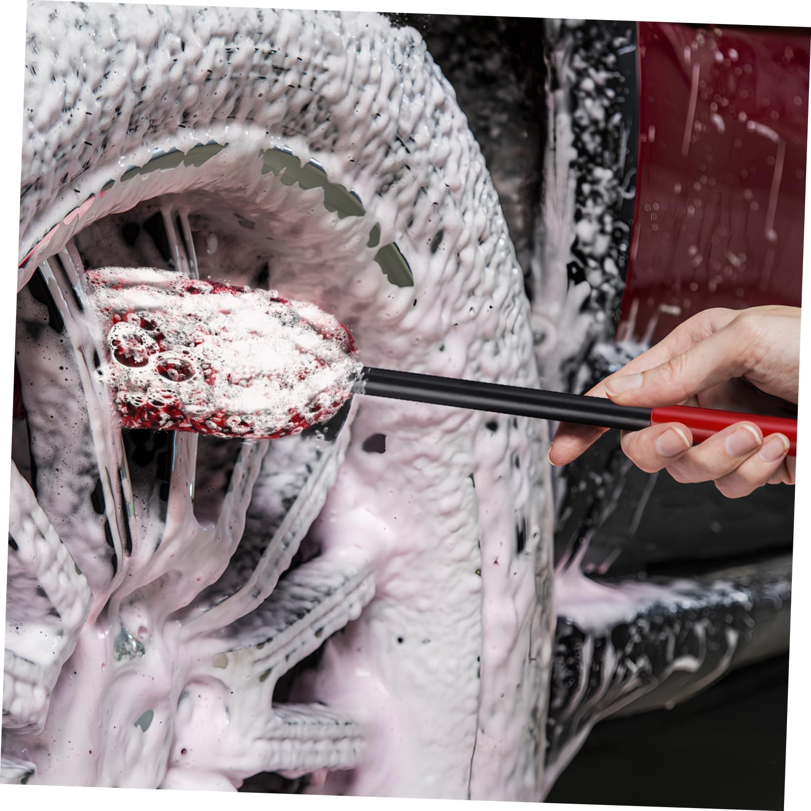 MAGICLULU Spazzola per Pulizia Pneumatici 3 Pezzi Rossa in Plastico e Lana | Testa Flessibile, Azione Delicata e Splash-free, per Wheel Rim Cleaner e Hub Cleaning Brush