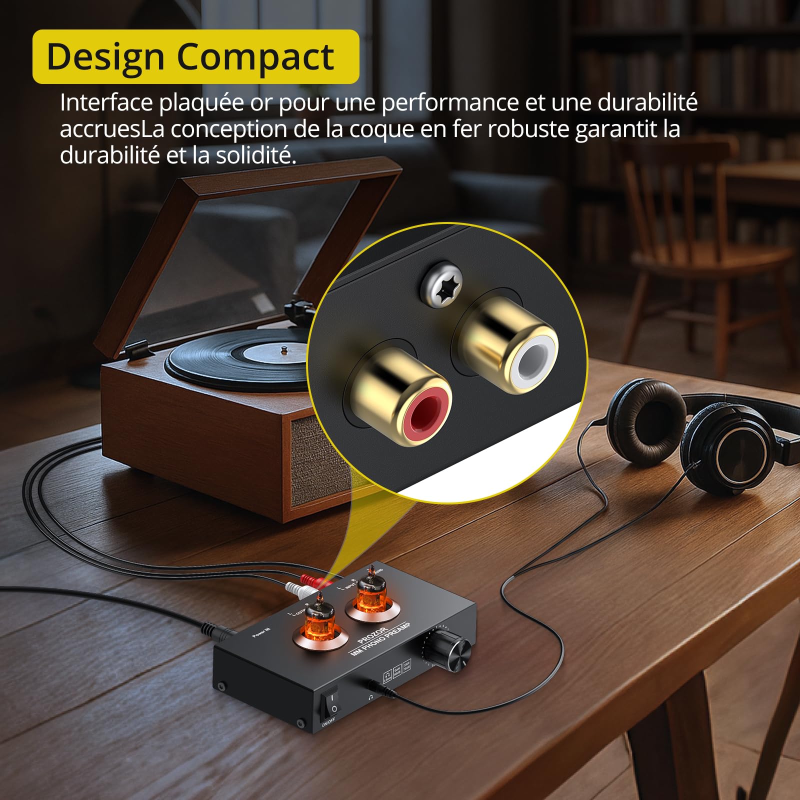 PROZOR Préampli Phono à Tubes Tube Jan GE5654 Réglage Volume Sortie Casque Connexions Dorées pour Platines MM