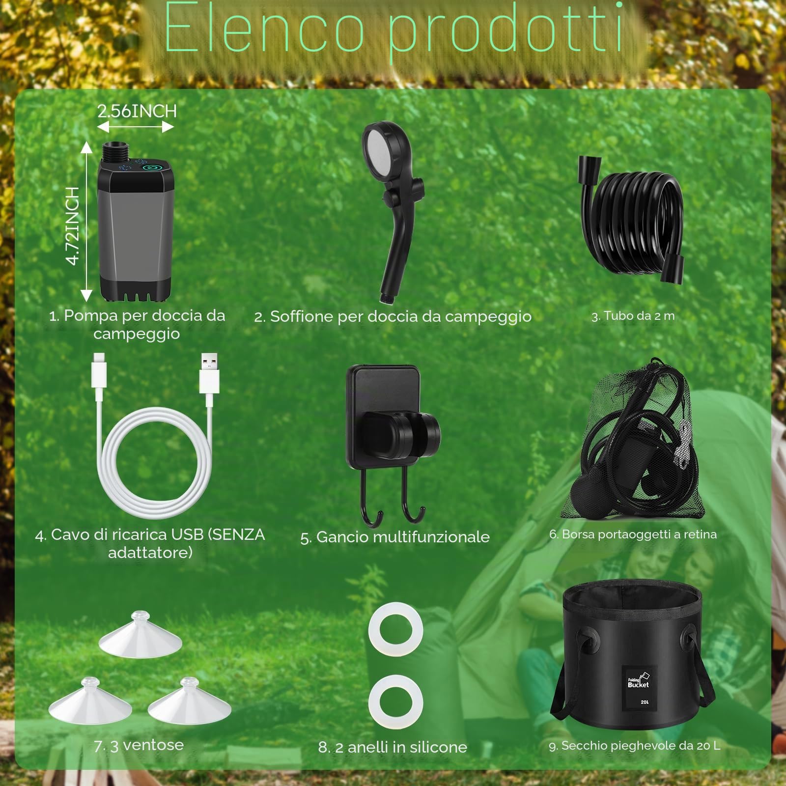 Doccia da Campeggio con Secchio Pieghevole 20L, 6000 mAh Doccia Ricaricabile Portatile con Doppio Display Digitale e Temperatura, Impermeabile IPX7 Doccia Esterna per Spiaggia, Auto, Animali, Giardino