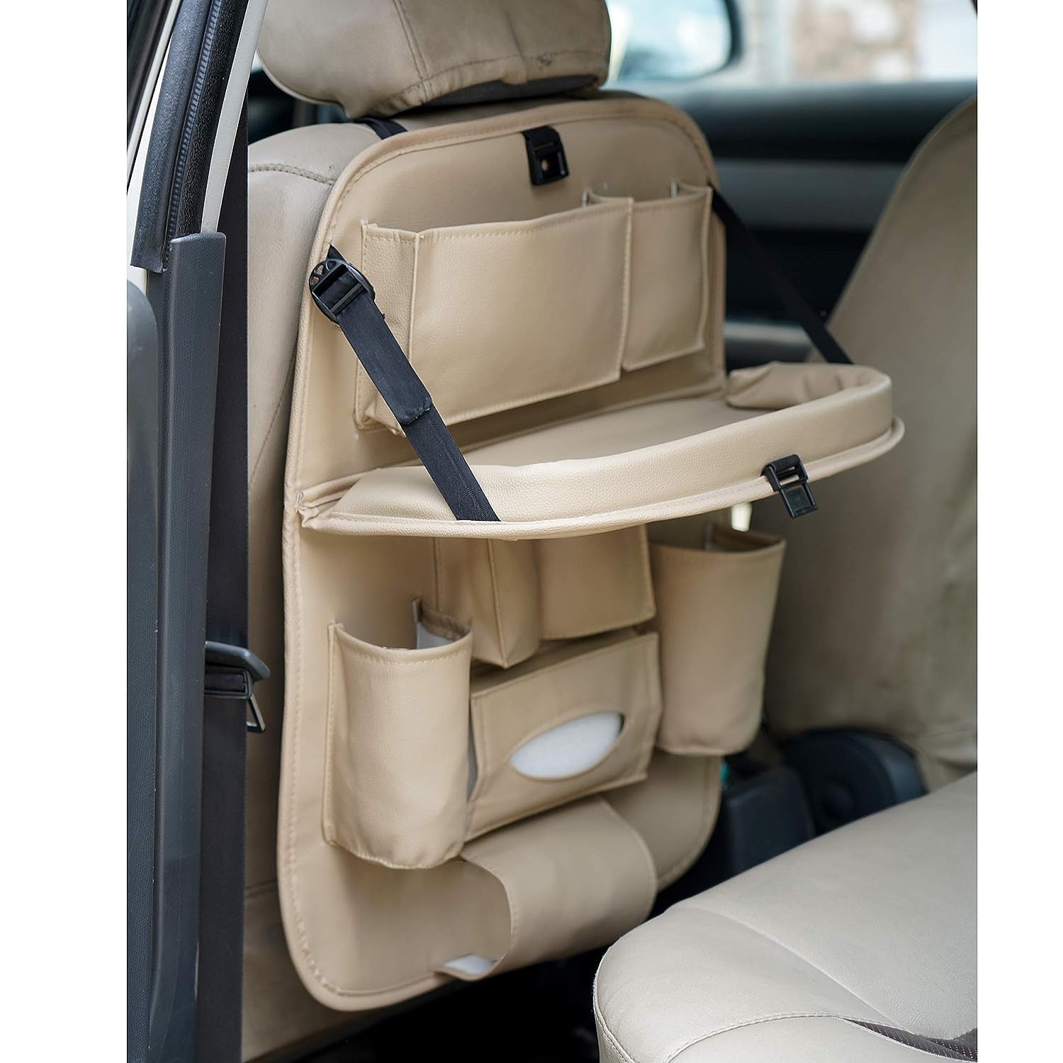 Premium Beige PU Leather Car Backseat Organizer with Foldable Tray | Multi-Pocket Storage for Tablets, Phones, Bottles & Travel Essentials | Pack of 1-image-27