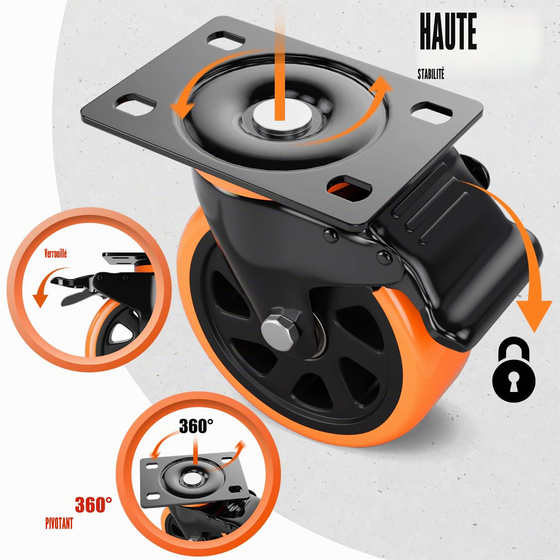 4 pièces roulettes pour charges lourdes Ø75mm avec freins, accessoires de montage inclus Roulettes pivotantes Roulettes de transport Rotation 360° jusqu'à 480KG Portabilité
