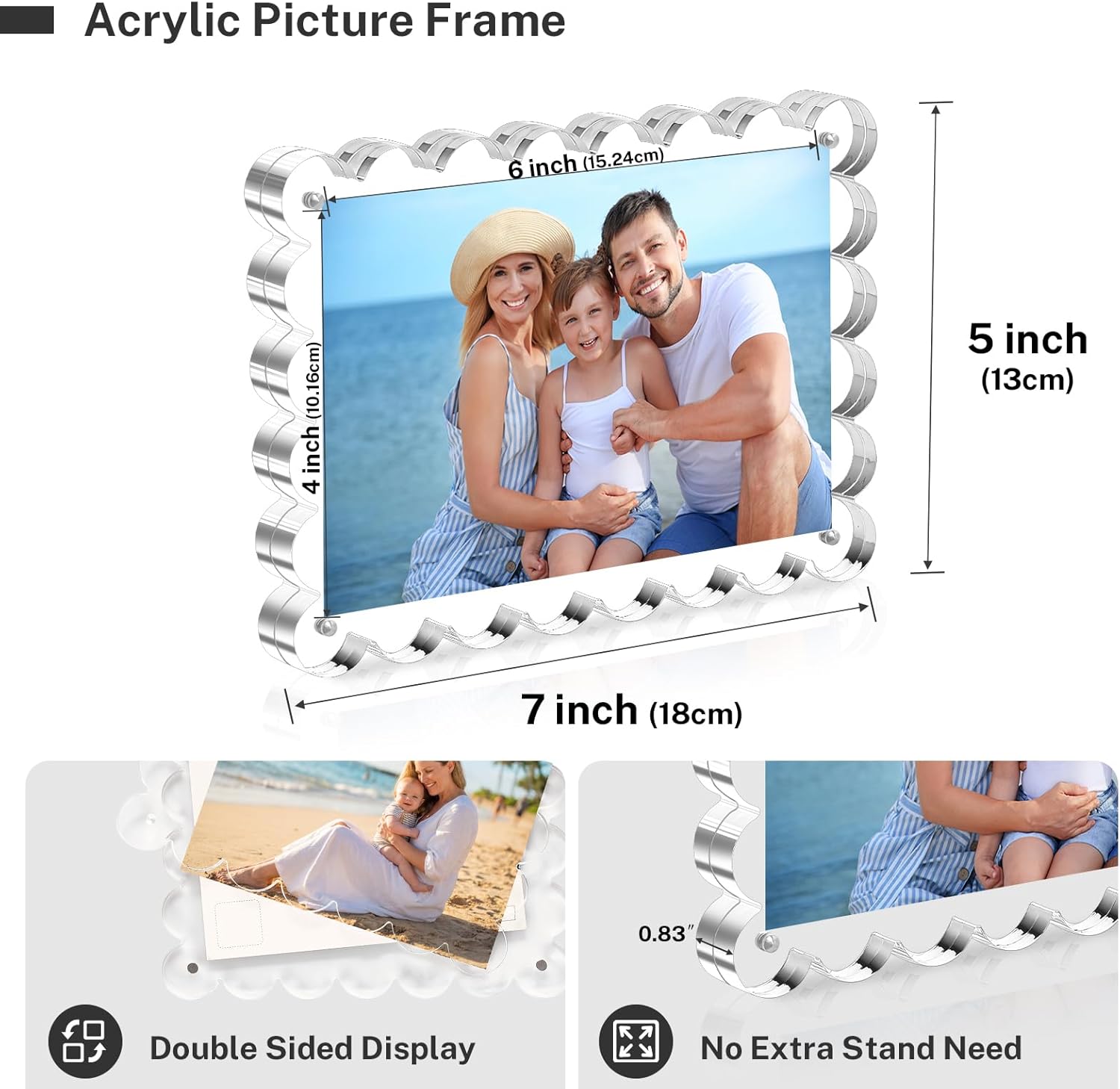 HOUSE DAY Acrylic Picture Frames 4x6, 1 Pack Scalloped 4x6 Picture Frame Set, Double Sided Clear 4 x 6 picture frame, Frameless FreeStanding Magnetic Acrylic Frames 4x6 Gift for Desktop Display