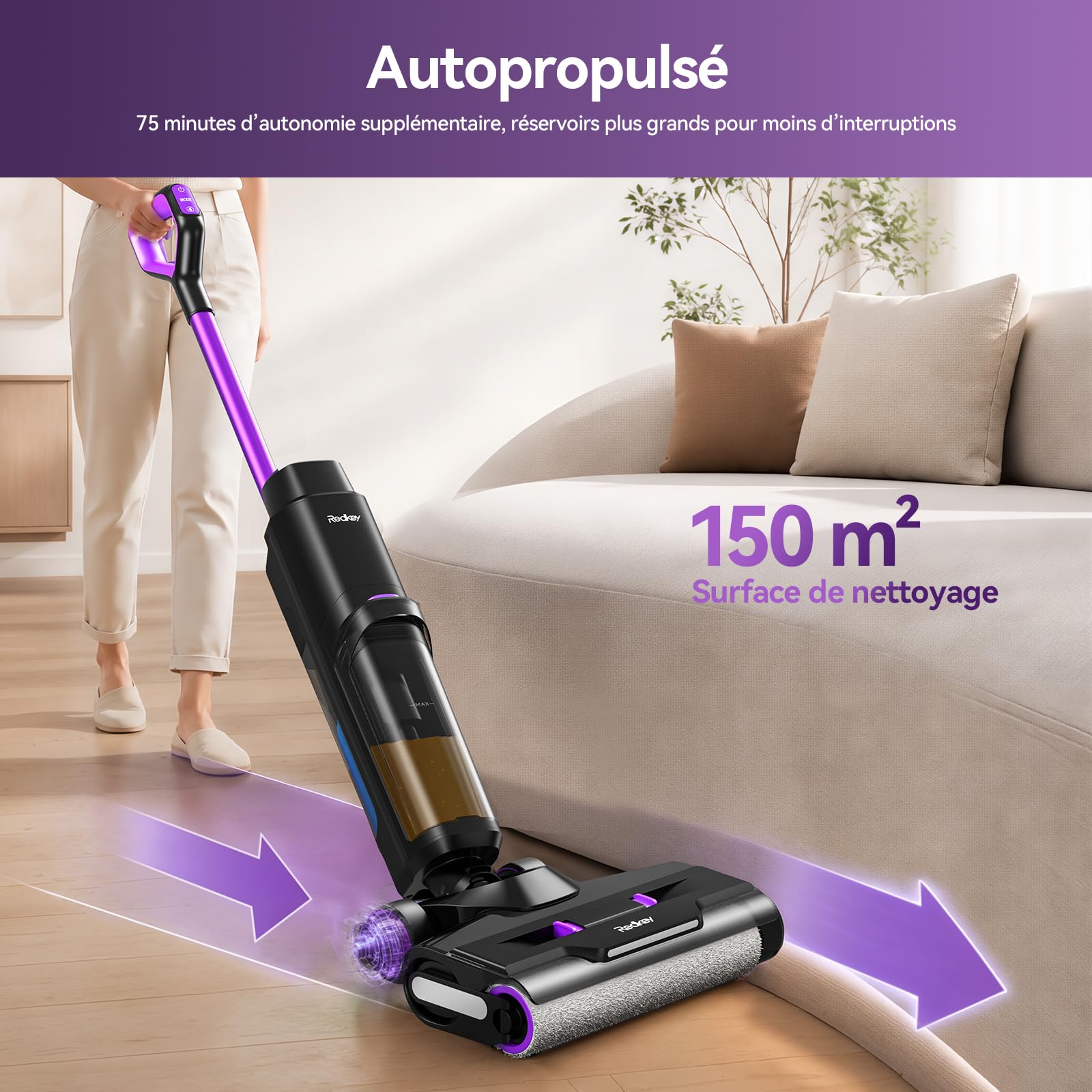 Redkey W15 Aspirateur Balai Laveur sans Fil, 26.000 Pa Balai aspirateur Laveur 3 en 1, Aspiration Puissant Eau et Poussière, 5mm Simple Lamination, Longue Autonomie, LED écran Digital, Auto-Nettoyage