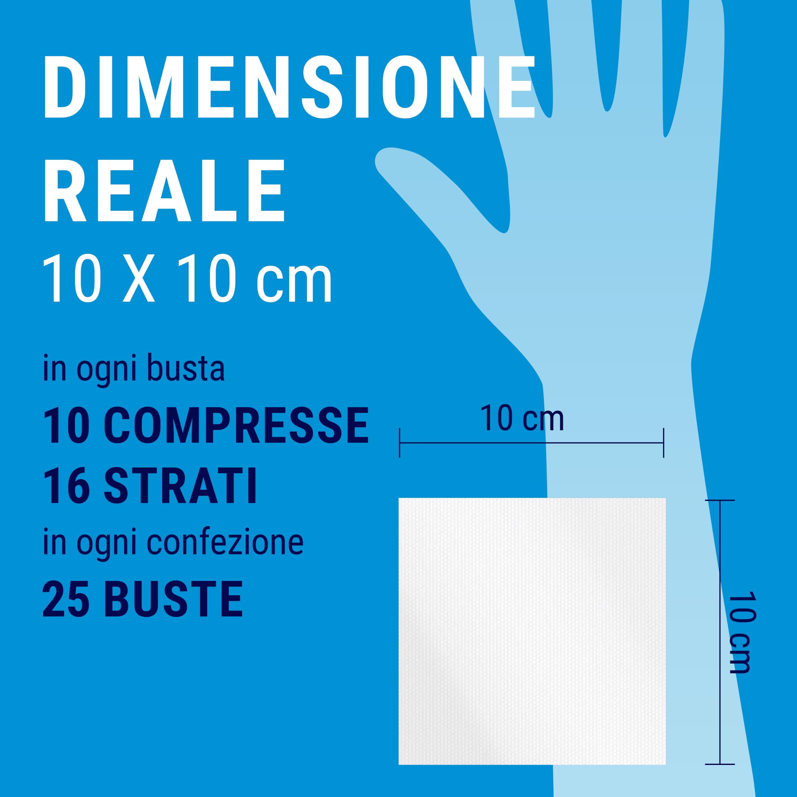 DEALFA Comprimidos de gasa plegados estériles con hilo radiopaco – 10 x 10 cm – 16 capas – 100% puro algodón – Desechables – Doble sobre individual de 10 unidades – Paquete de 25 sobres