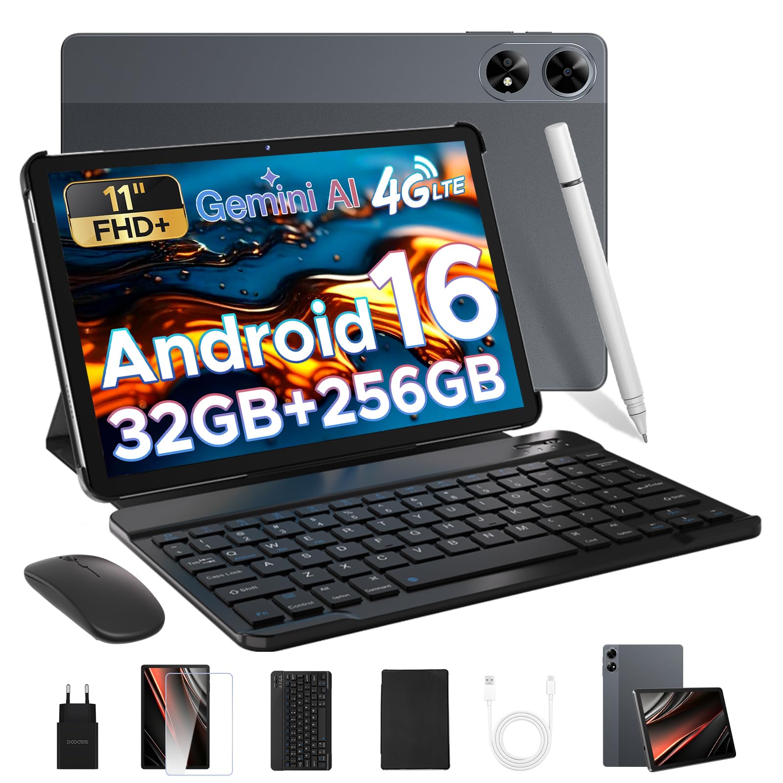DOOGEE Tab G6+ Tablet con Tastiera Android 16,Tablet 11 Pollici,32GB RAM+256GB/2TB TF,4G LTE+5G WiFi,1920*1200 FHD+IPS,8000mAh /18W,13MP+5MP,Unisoc T7280 Octa Core/Widevine L1/OTG/Face ID/GPS,Grigio