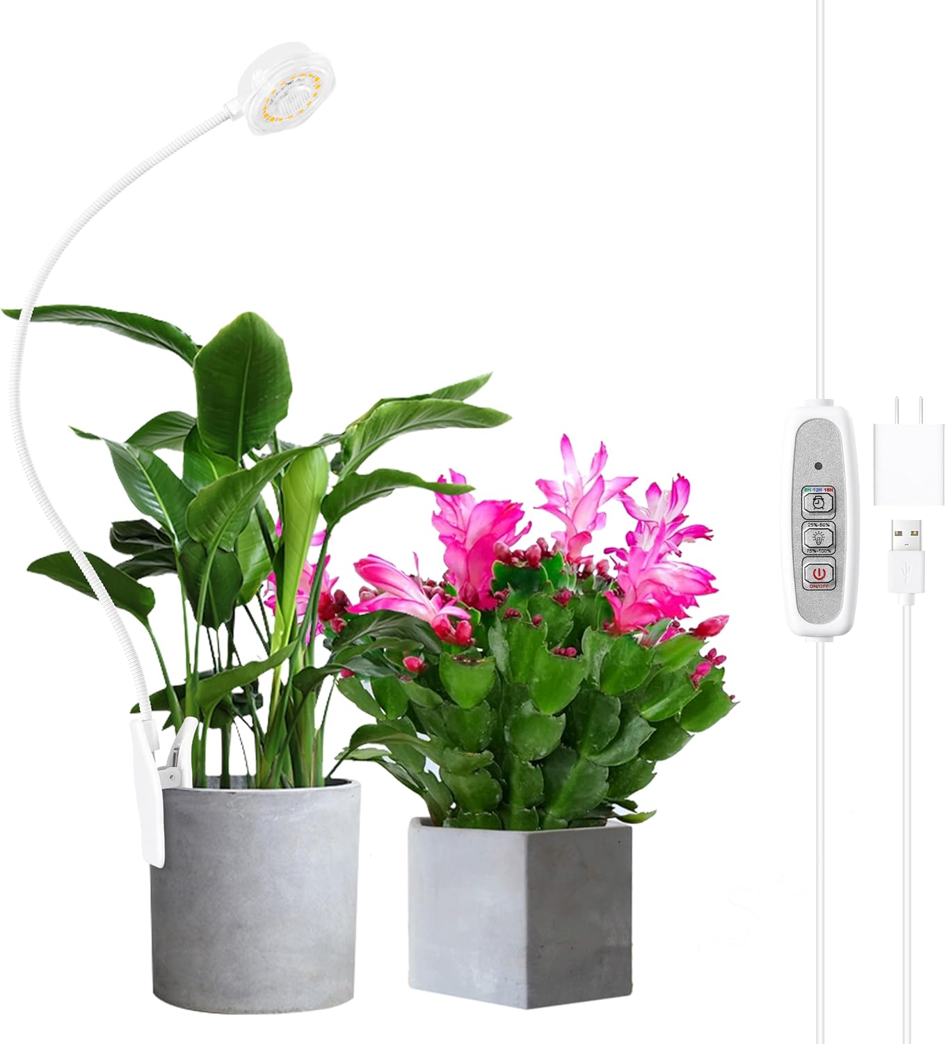Indoor Small Plant Growth Lights, Pot Clip Grow Lights, LED Full Spectrum, Grow Lamps with 4 Brightness Levels, Auto Timer 6/12/ 16 Hrs for Succulents, White 2 Pack