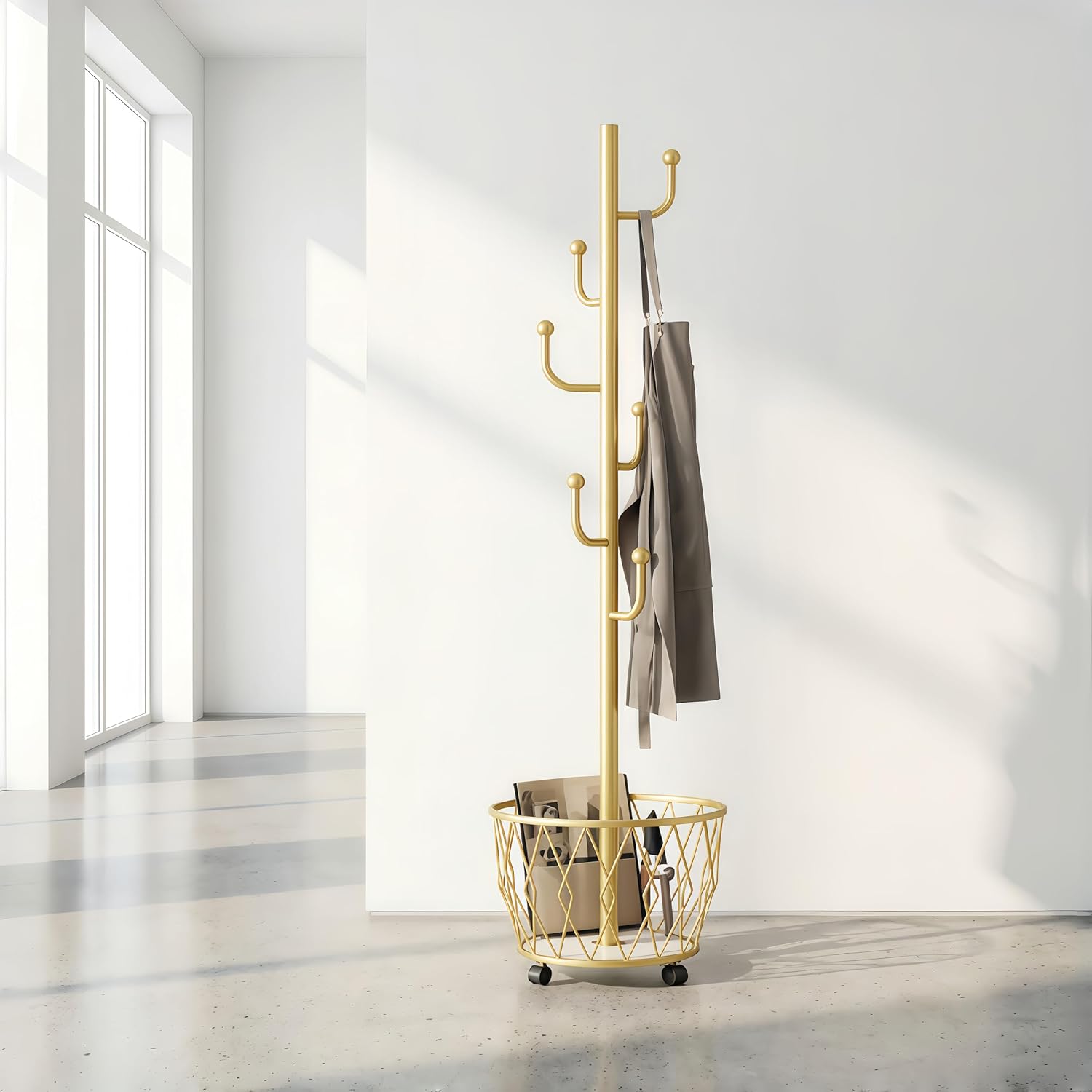 Cactus shaped Freestanding Metal Coat Rack Stand with Basket Modern Organizer for Scarf Jacket Hat Bags Ideal for Home Entryway Bedroom Corner Stable and Moveable (gold)