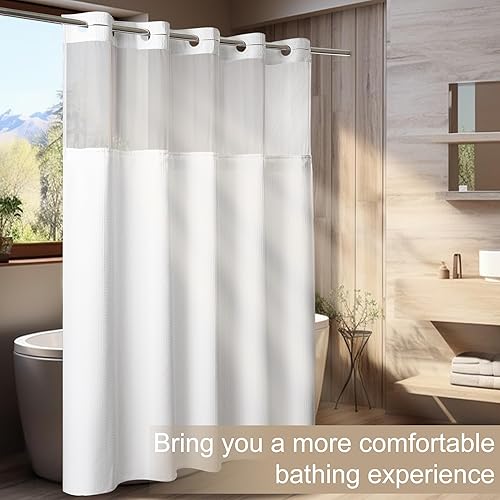 Miniatura 5 de Cortina de ducha sin gancho con forro a presión, cortinas de ducha gruesas resistentes con ventana superior de malla, cortina bohemia de lujo para