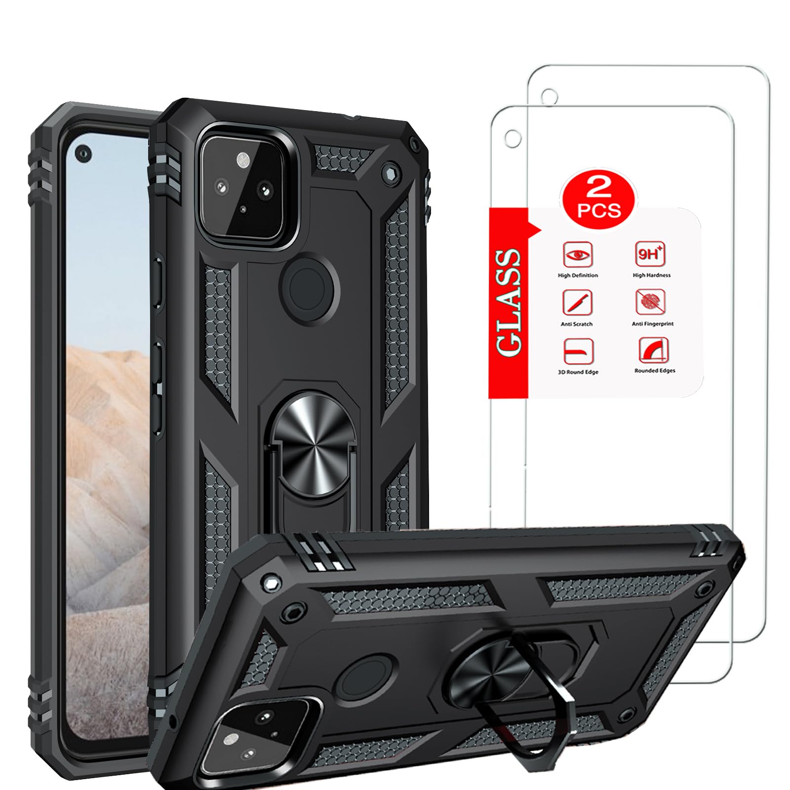 for Google Pixel 5A 5G Case with [2 Pack] Tempered Glass Screen Protector, for Google Pixel 5A Heavy Duty Armor [Military-Grade] Protective，Magnetic Ring Stand Phone Case Black