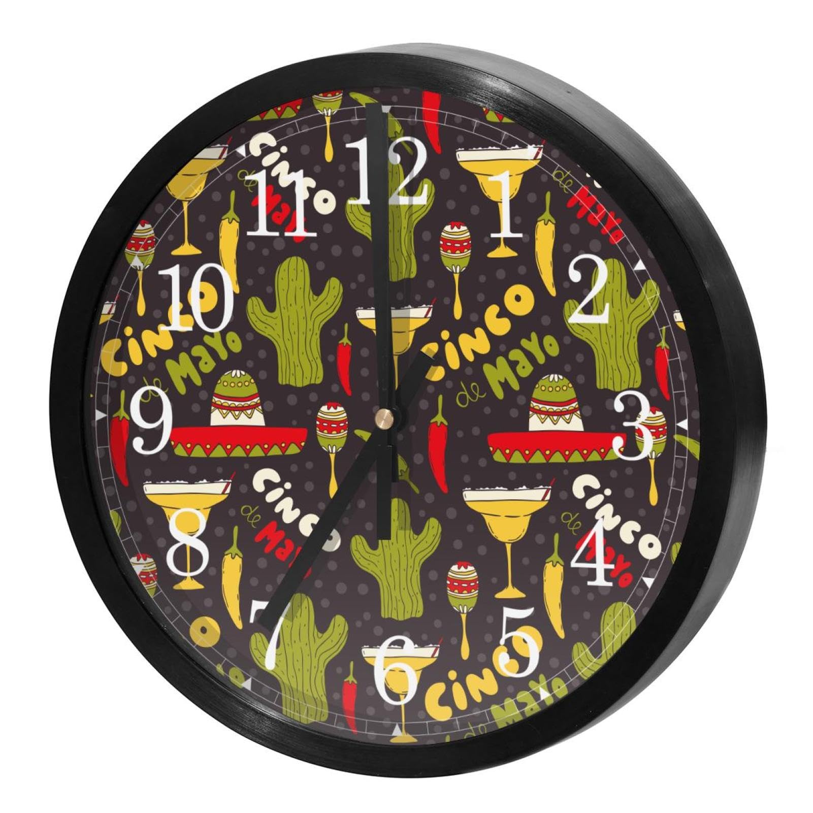 Horloge murale à quartz sans tic-tac à piles ronde motif plantes Cinco de Mayo