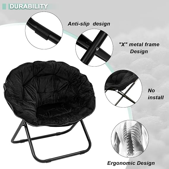Folding Saucer Chair for Adult, Comfy Padded Moon Chairs with Faux Fur, Round Portable Lounge Chair with Metal Frame, Reading Relaxing Lightweight Seat for Bedroom Living Room Dorm (Black, 1 Pack)