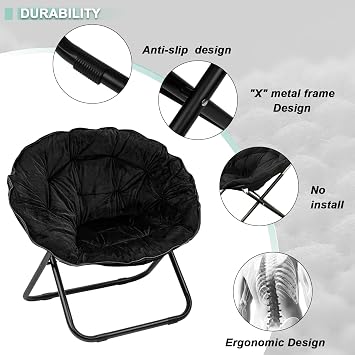 Folding Saucer Chair for Adult, Comfy Padded Moon Chairs with Faux Fur, Round Portable Lounge Chair with Metal Frame, Reading Relaxing Lightweight Seat for Bedroom Living Room Dorm (Black, 1 Pack)