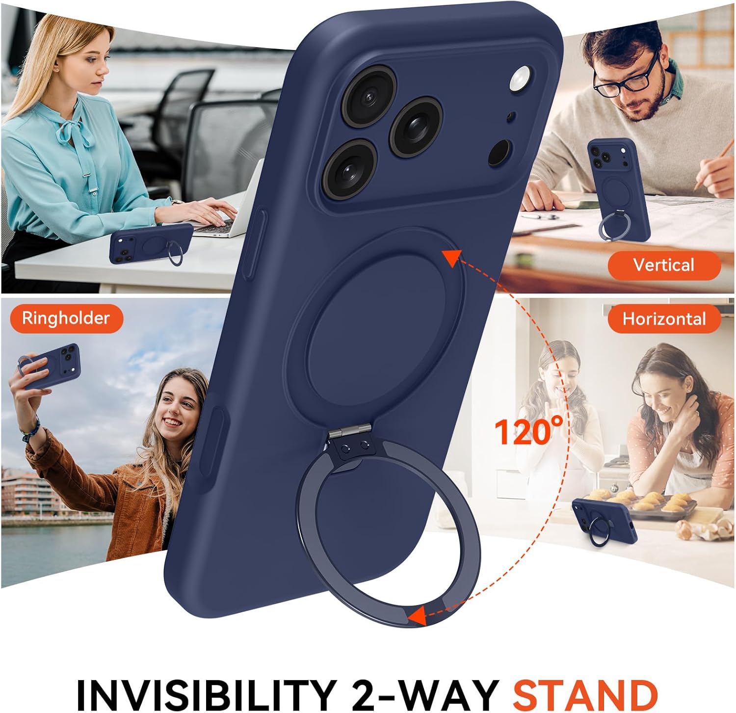 Compatible with iPhone 17 Pro Max Case Stand, Slim Liquid Silicone Phone Case Fit for iPhone 17 Pro Max Compatible with MagSafe Magnetic Ring Kickstand Case Full Camera Protection, Dark Blue - Image 3