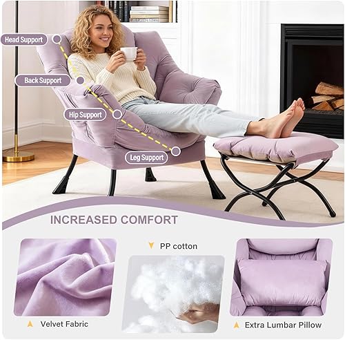 Miniatura 8 de Silla perezosa con otomana, silla de acento moderna con cojín lumbar, sillas cómodas con reposapiés plegable para recámara, lectura, sillas de ocio