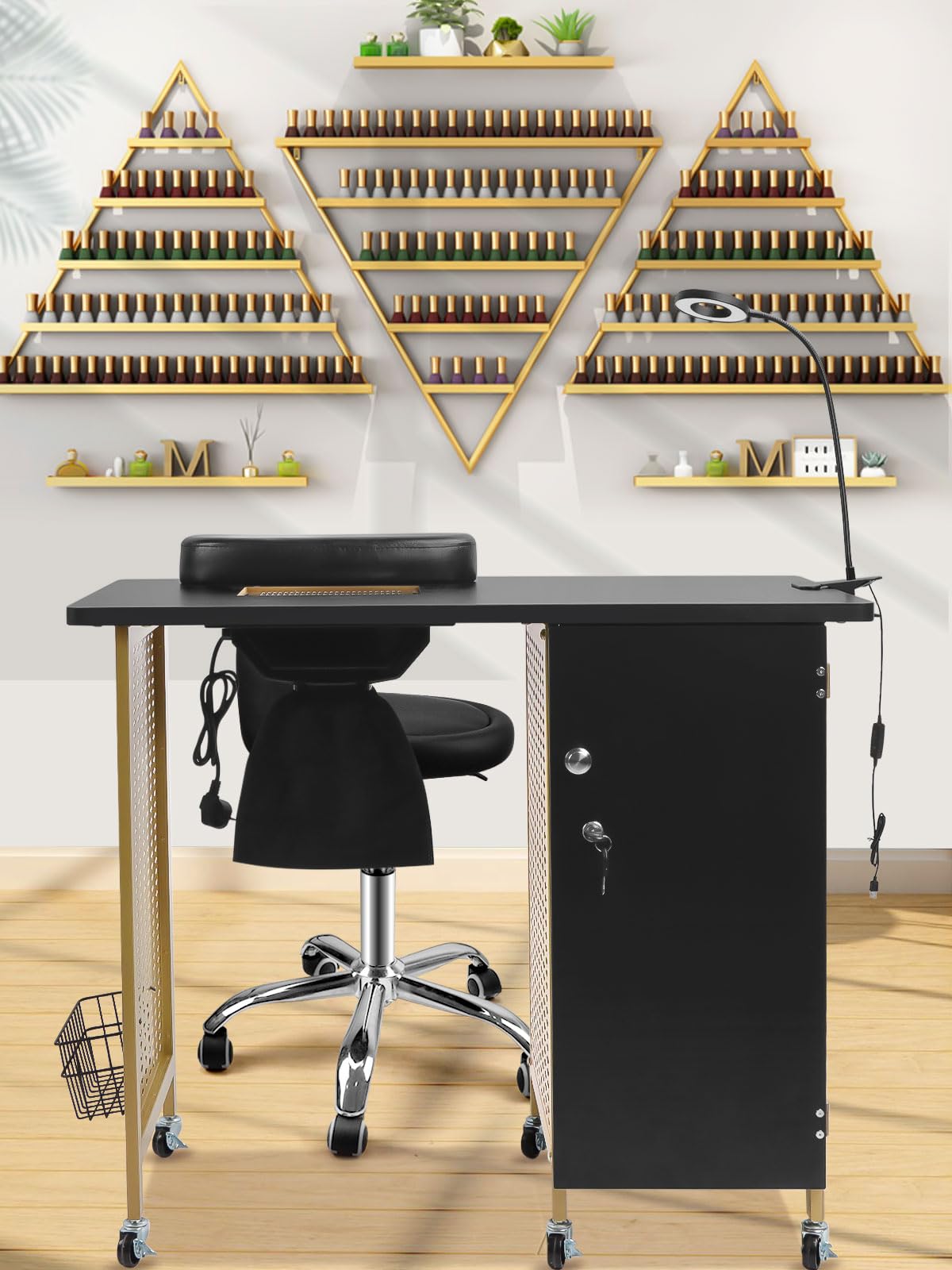 Kalolary Mesa de manicura Profesional Salón Estación de uñas móvil con colector de Polvo de uñas, 4 cajones, reposapiés de muñeca, Manicura de Belleza Estación de salón de SPA (Oro Negro)
