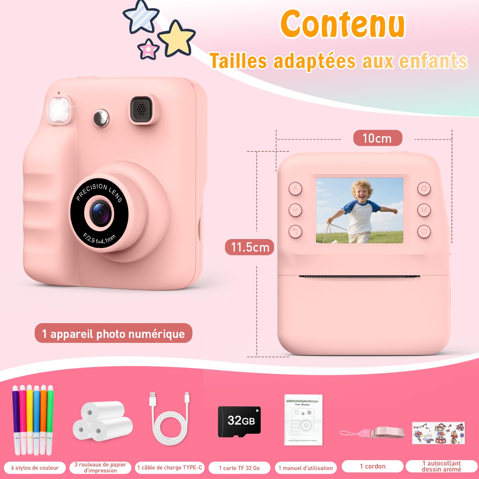 Appareil Photo Instantané Enfant, Appareil Photo Enfant avec Papier d’Impression & Carte 32GB, Écran 2.4'' HD, Vidéo 1080P, Selfie & Jeux, Cadeau Noël Anniversaire pour Filles Garçons 3 à 12 Ans